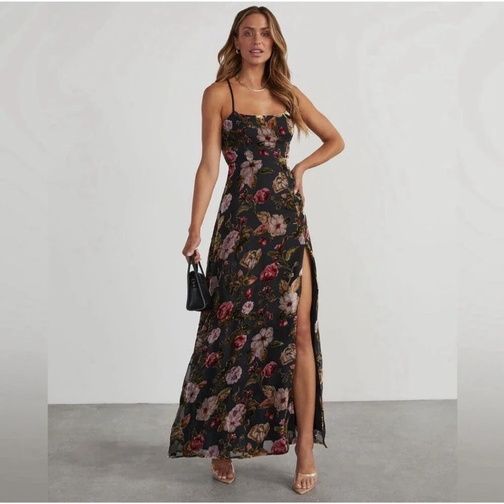 Olia Adjustable Strap Velvet Floral Burnout Whimsigoth Fairy Maxi Dress Size M - Picture 3 of 14